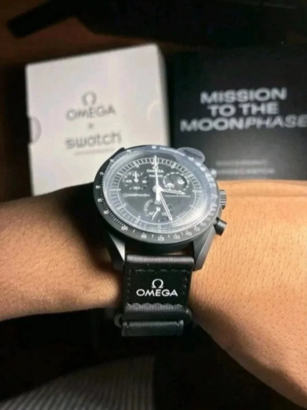 Omega x Swatch Speedmaster Mission to the Moon Black Chronograph Watch.